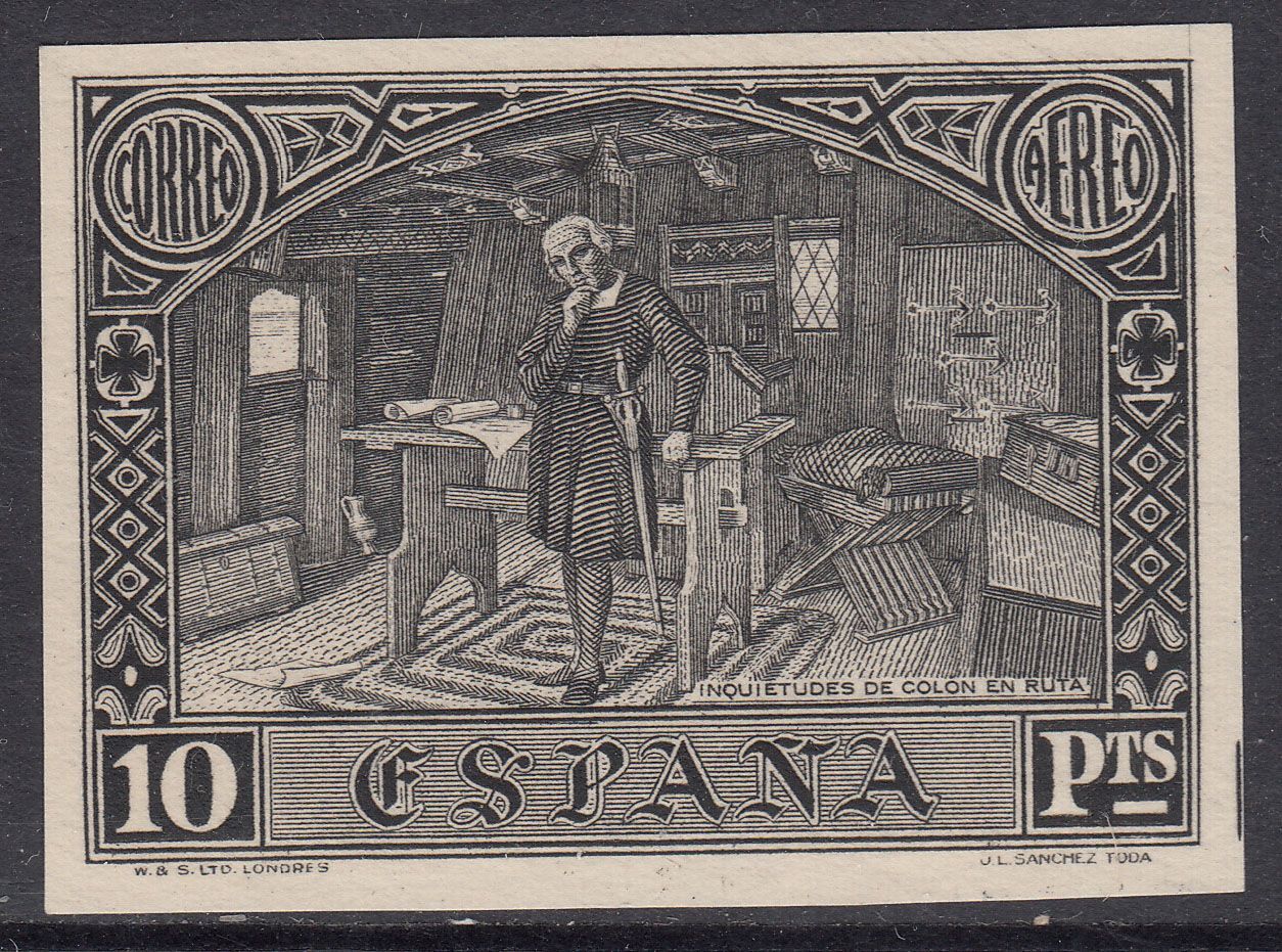 1930 SPAIN CHRISTOPHER COLUMBUS IMPERF BLACK PROOF (GALVEZ CA319) MNG VF