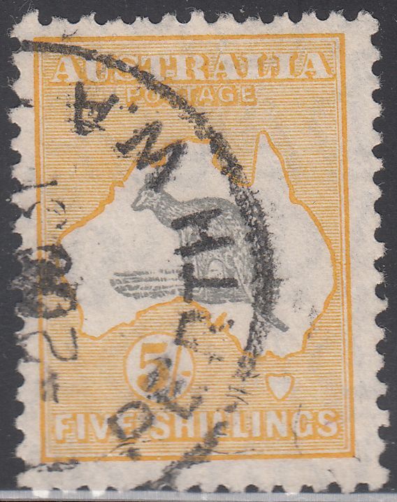 1929 AUSTRALIA KANGAROO 5sh GREY & YELLOW / SMALL MULTIPLE WMK (SG#111) USED VF