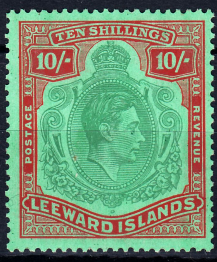 1938-51 LEEWARD ISLANDS KGVI 10/- BLUISH GREEN & DEEP RED/GREEN (SG#113) MH VF