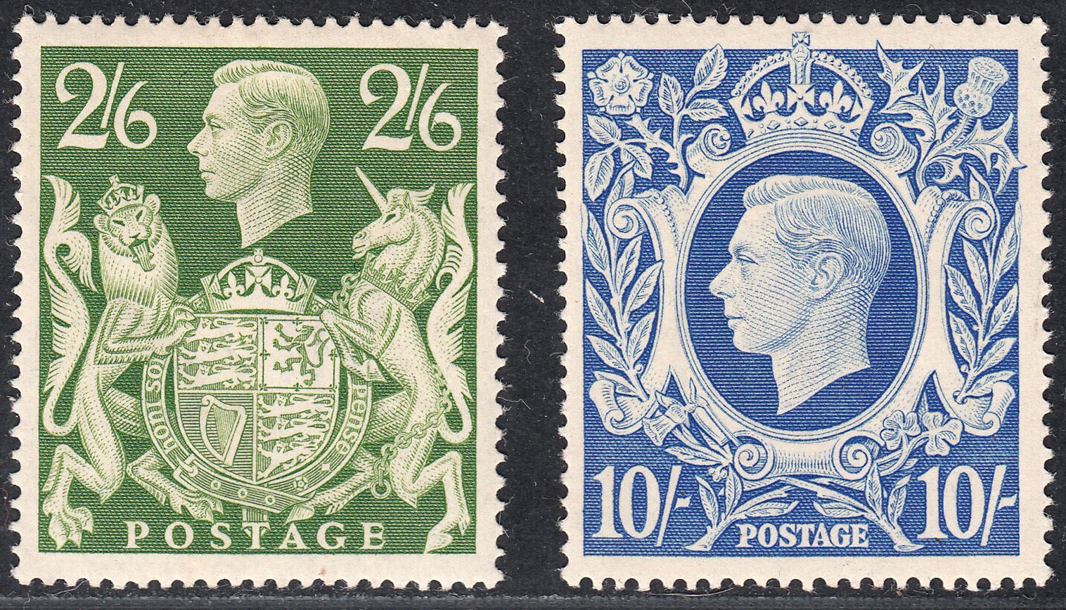 1942 GREAT BRITAIN KGVI 2/6d & 10/- (SG# 476a & 478a) MLH VF