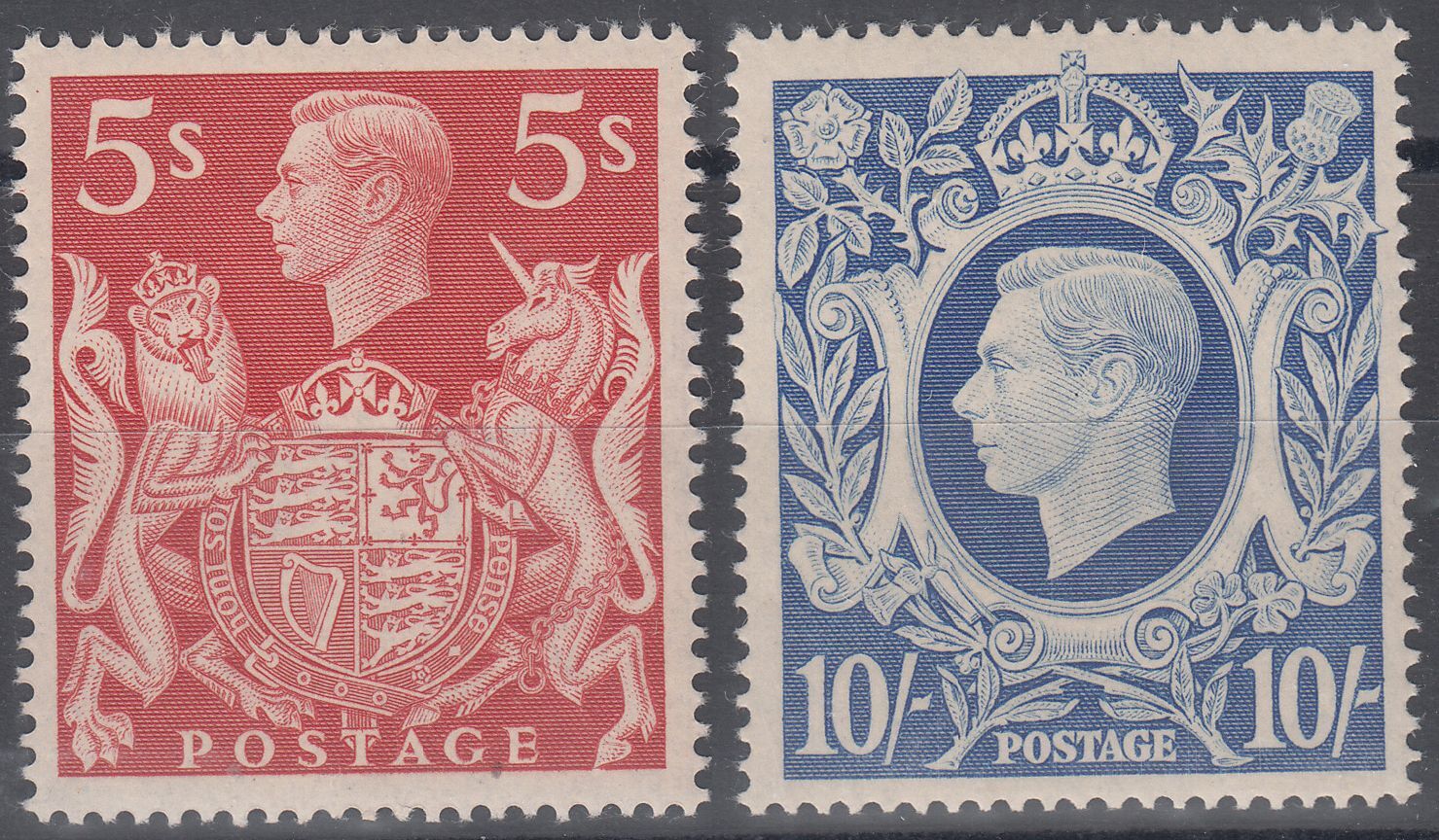 1939-42 GREAT BRITAIN KGVI 5/- & 10/- RED & ULTRAMARINE (SG# 477, 478a) MNH VF