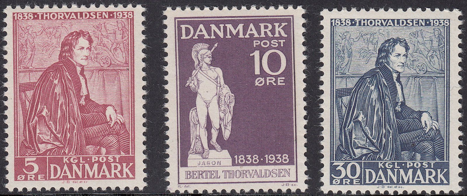 1938 DENMARK BERTEL THORVALDSEN SCULPTOR (YVERT# 265-267) MNH VF