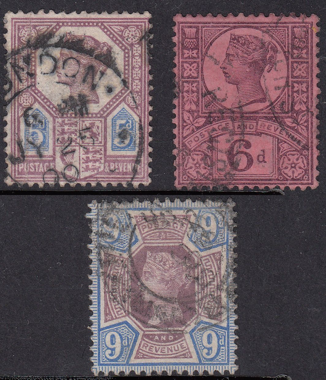 1887-92 GREAT BRITAIN QV JUBILEE 5d - 9d 3 VALUES (SG # 207a-209) F-VF