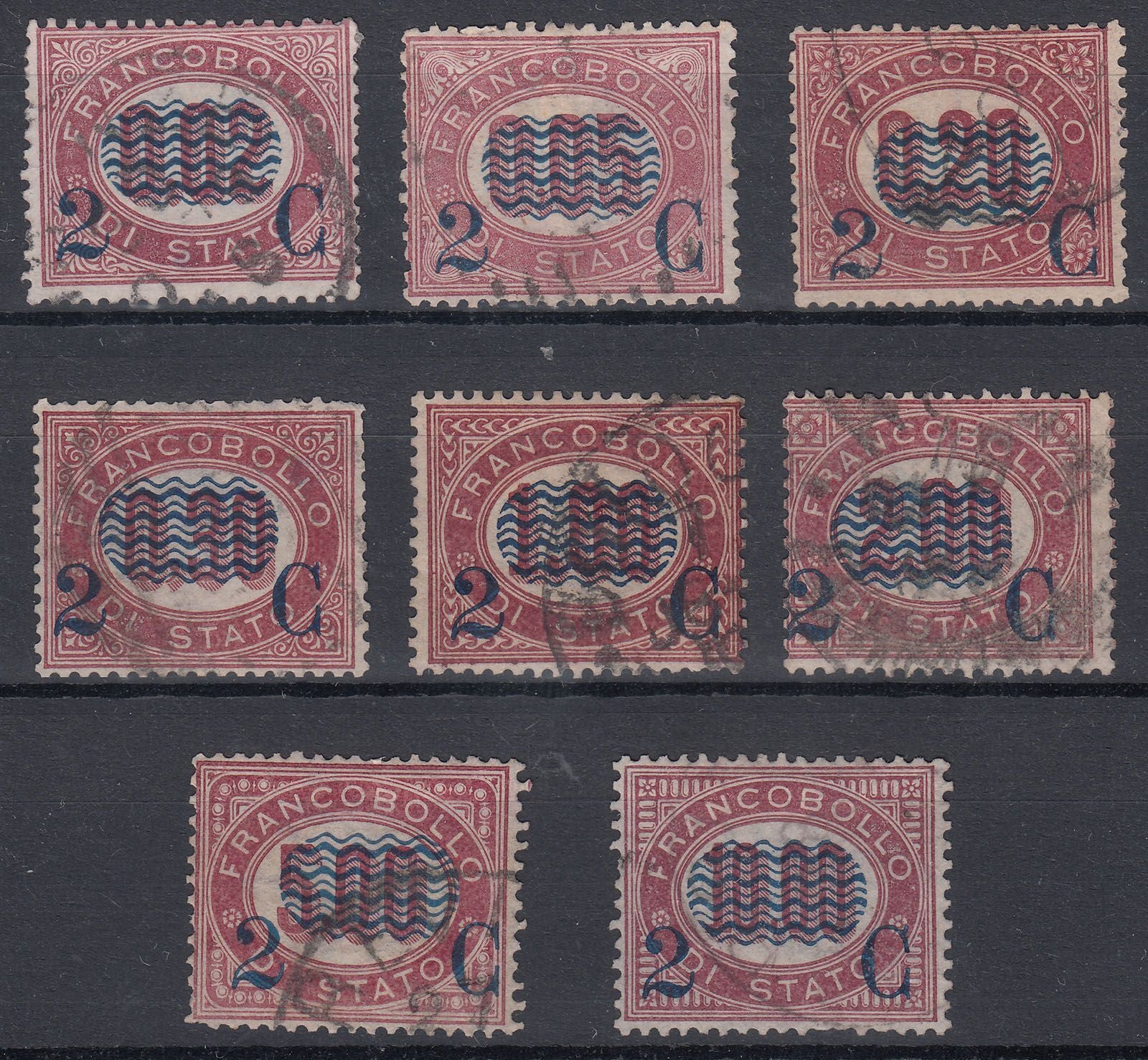 1877 ITALY OFFICIAL STAMPS SURCHARGED IN BLUE (YVERT# 25-32) USED FINE
