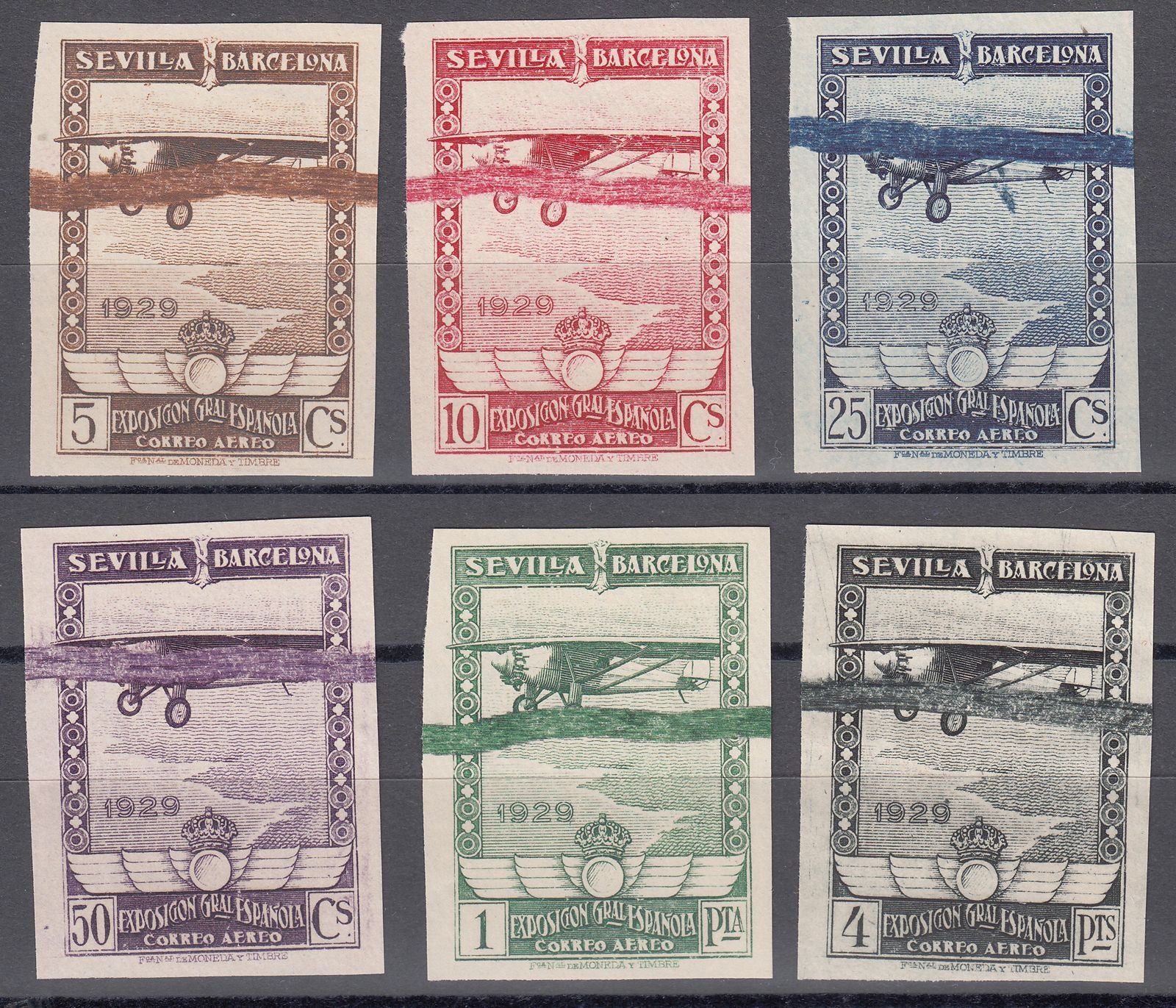 1929 SPAIN SEVILLE & BARCELONA EXPO PROOFS (ED.448PR-453PR) MNG