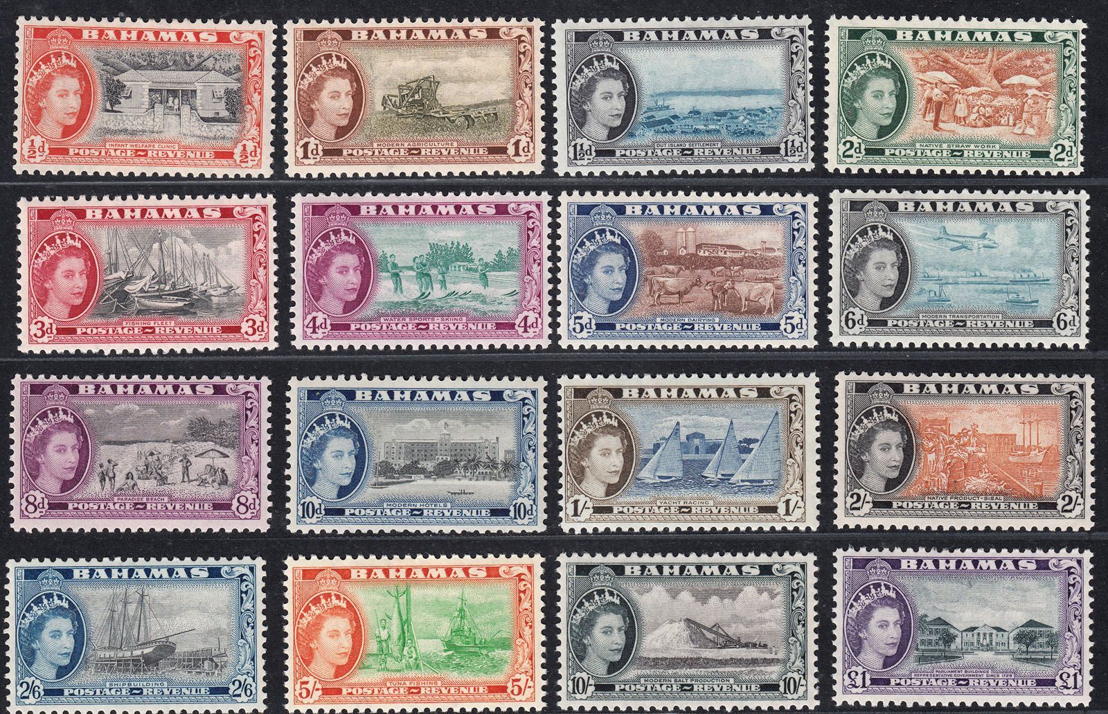 1954 BAHAMAS QEII DEFINITIVES COMPLETE (SG#201-216) MH VF