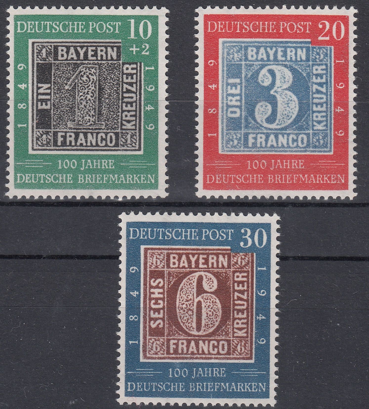 1949 GERMANY FEDERAL REPUBLIC CENTENARY OF GERMAN STAMPS (MICHEL#113-115) MH VF