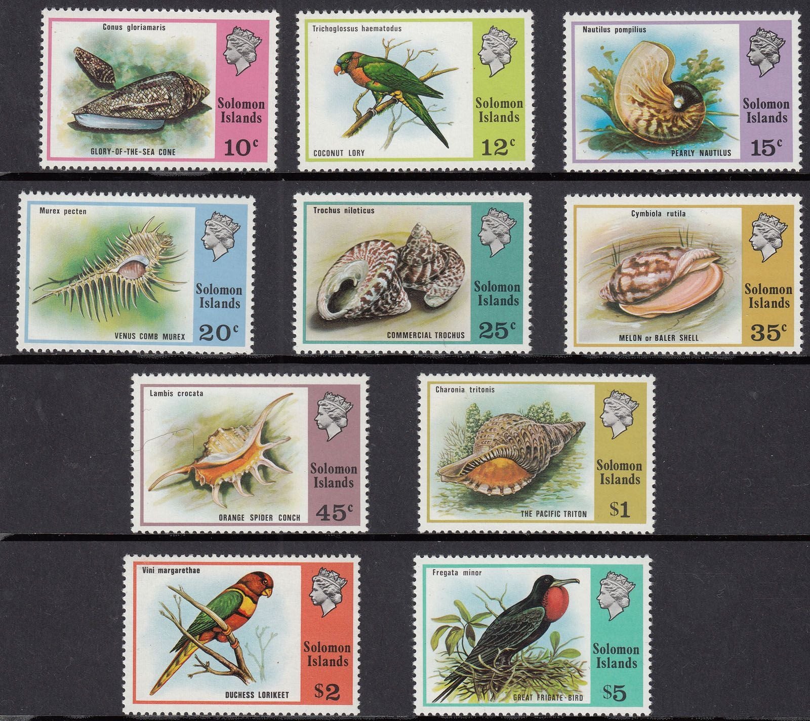 1976 SOLOMON ISLANDS BIRDS/SHELLS 10 VALUES (SG# 311-320) MNH VF