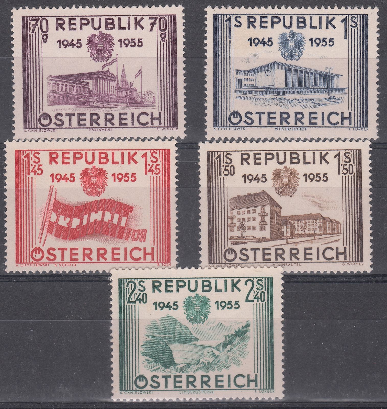 1955 AUSTRIA 10th ANNIV. LIBERATION (YVERT# 845-849) MNH VF
