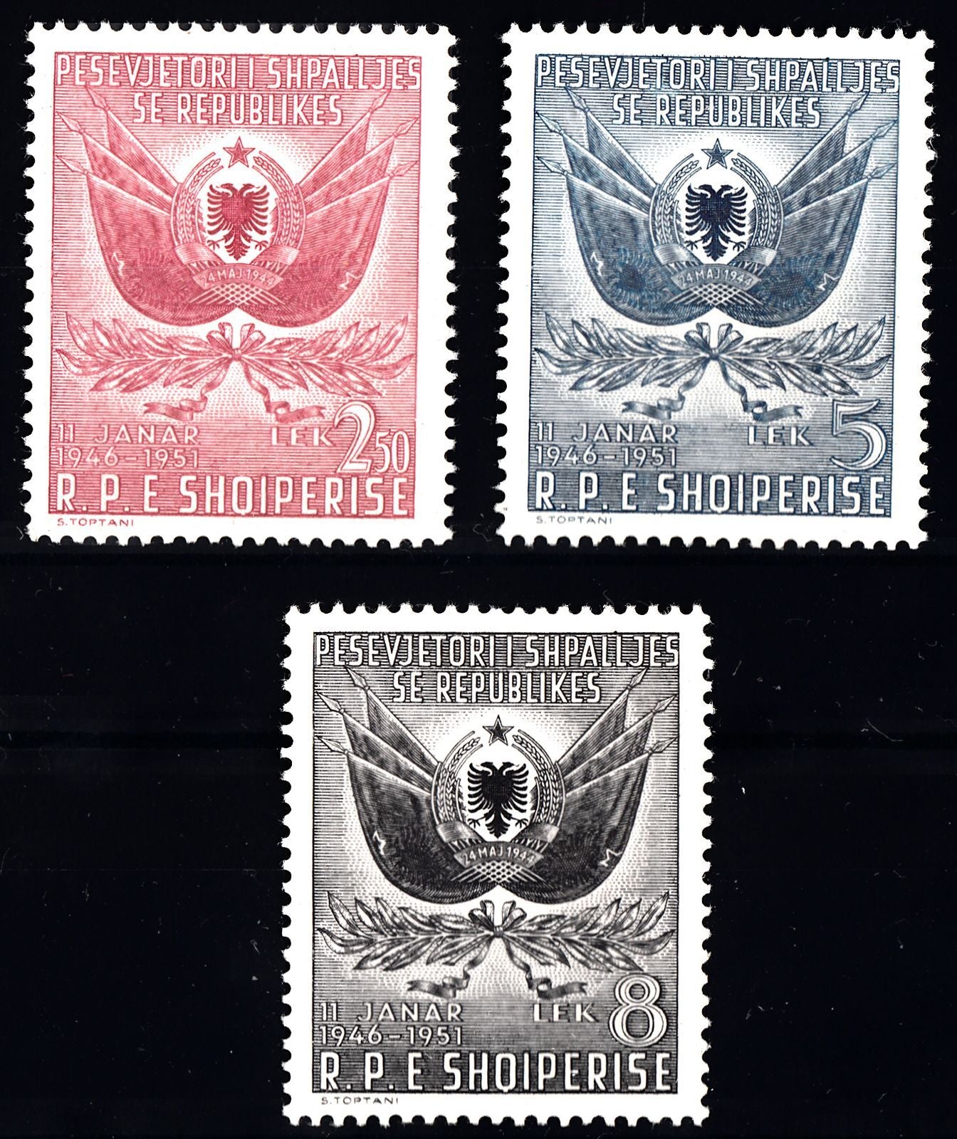 1951 ALBANIA 5TH ANNIV (YVERT# 433-435) MNH/MH VF