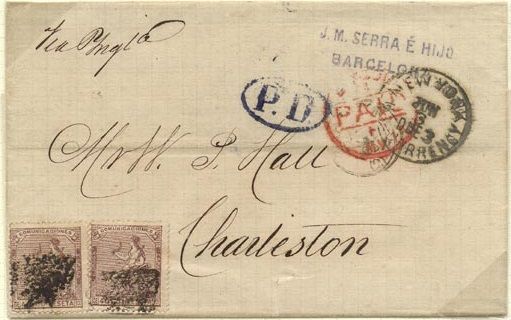 1874 SPAIN LETTER FROM BARCELONA TO CHARLESTON (ED.136)
