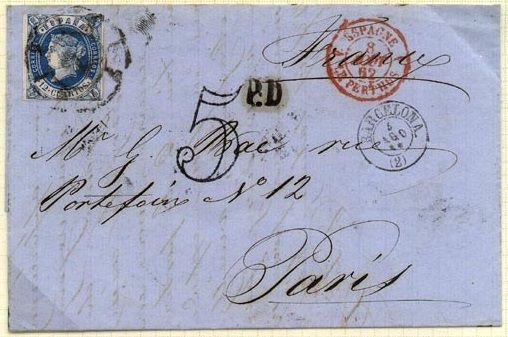 1862 SPAIN LETTER FROM BARCELONA TO PARIS
