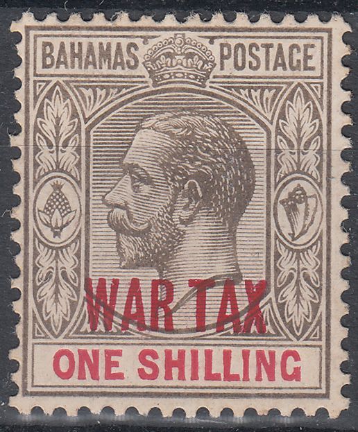 1918 BAHAMAS KGV 1/- GREY BLACK & CARMINE WAR TAX (SG# 99) MH VF