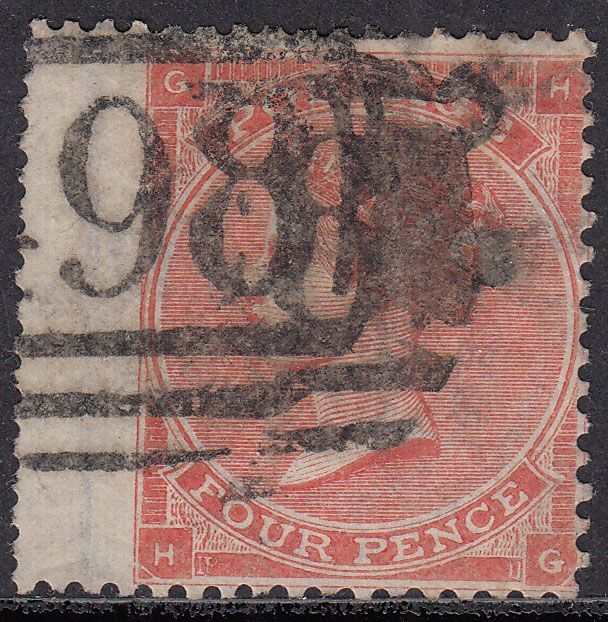 1863 GREAT BRITAIN QV 4d BRIGHT RED PLATE 4 (SG # 81) USED VF
