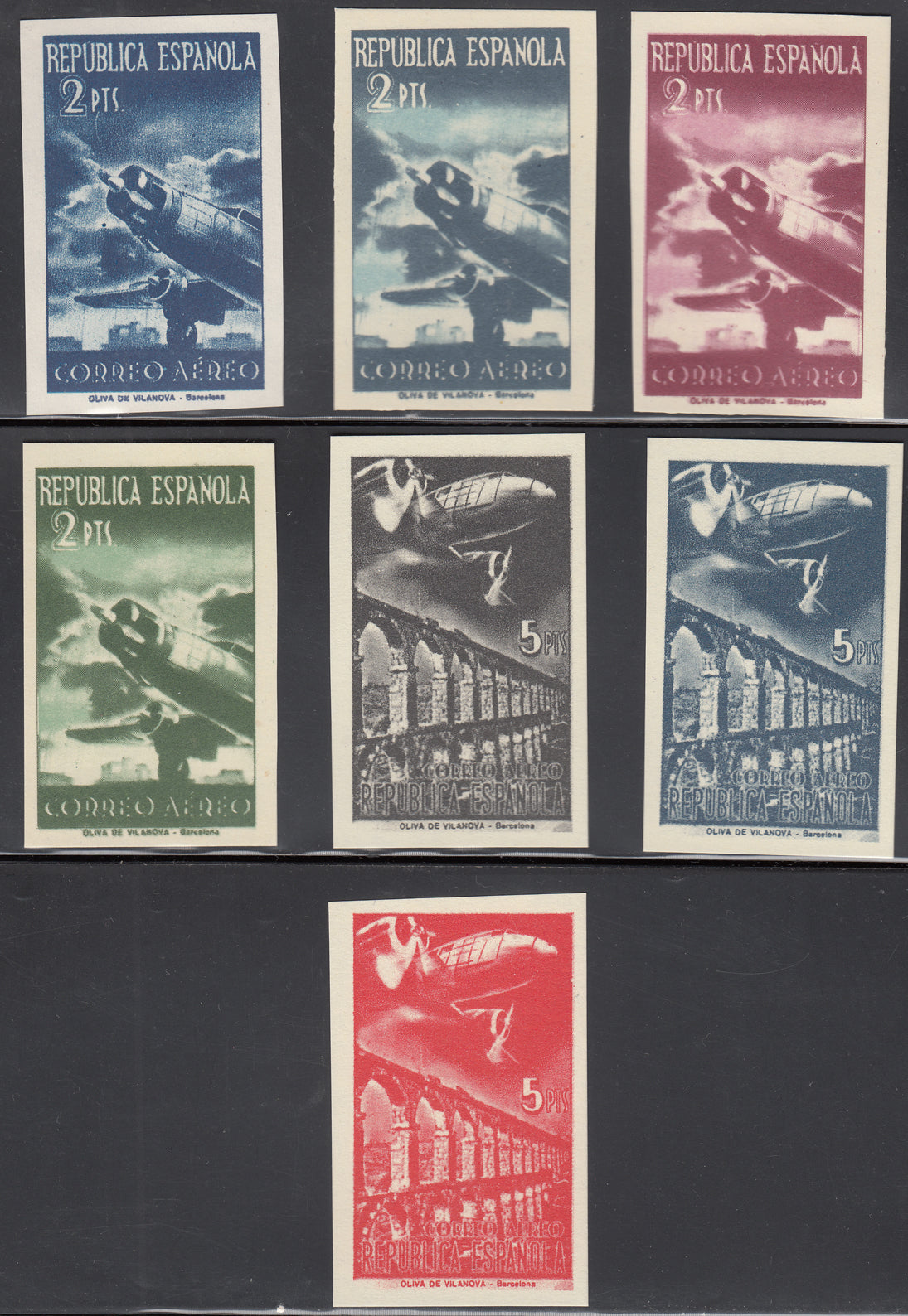 1939 SPAIN IMPERFORATE UNISSUED AIRMAIL 2nd ISSUE (NE39s-NE45s) MNG