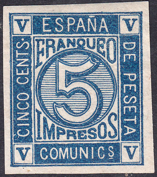 1872 SPAIN NUMERAL IMPERF COLOR PROOF BLUE (ED.117s) MH