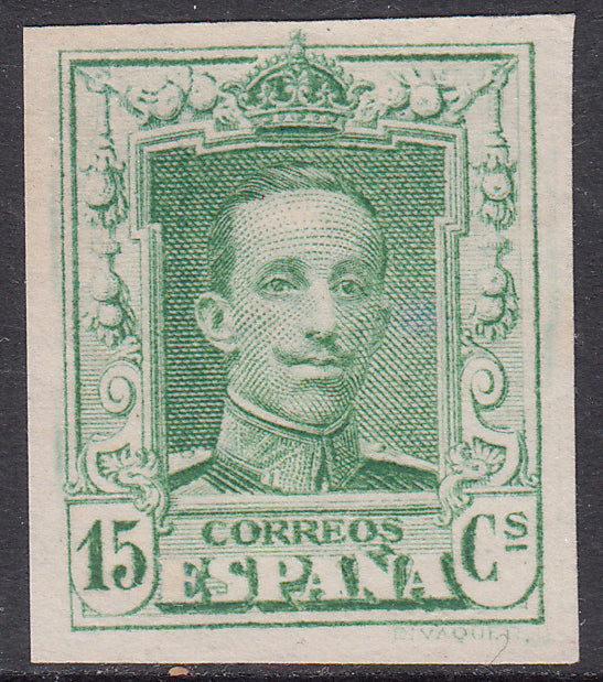 1922-30 SPAIN ALFONSO XIII IMPERF GREEN YELLOW COLOR PROOF (ED.315p) MNG VF