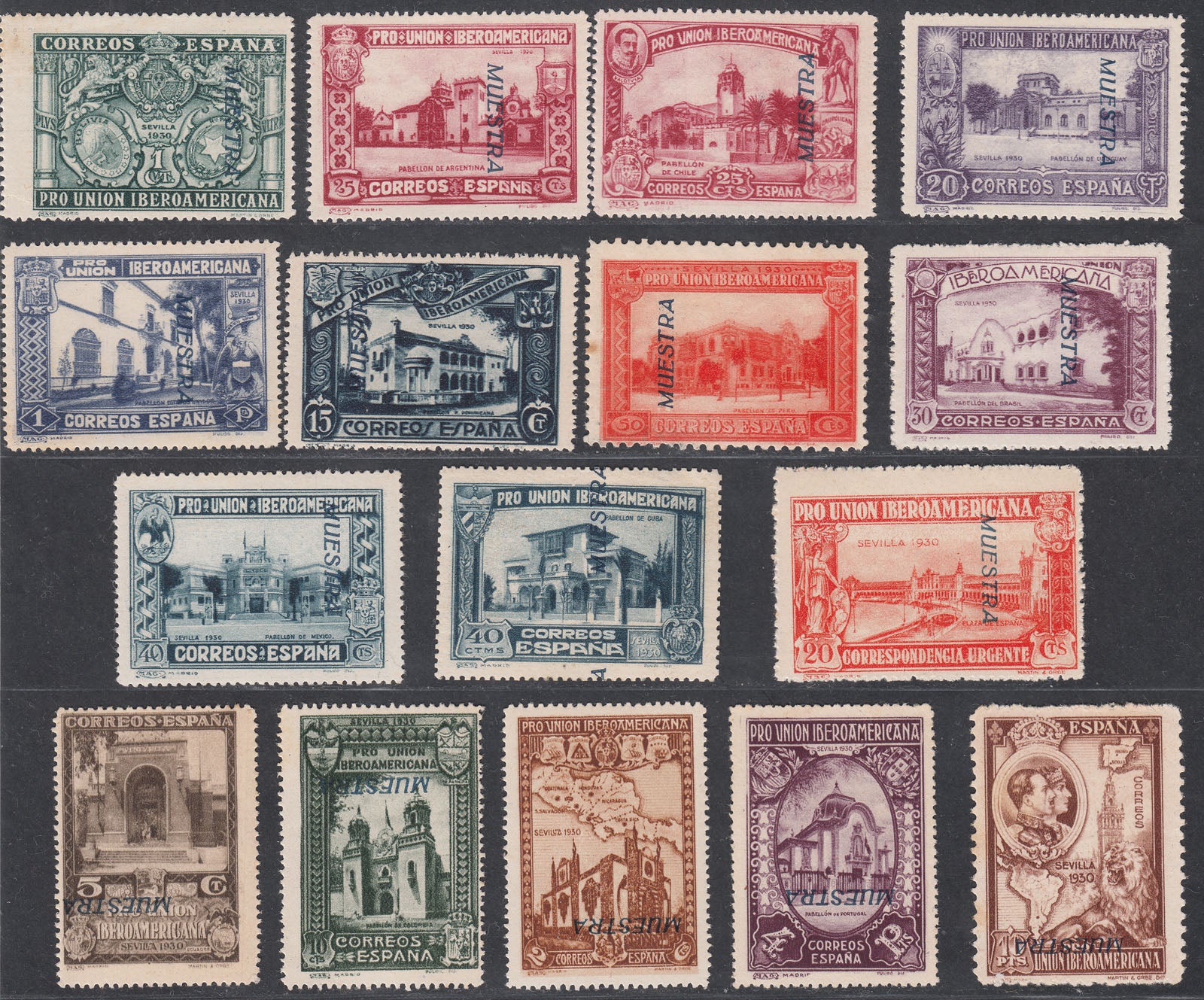 1930 SPANISH AMERICAN UNION EXHIBITION SPECIMENS (ED.566M-582M) MNH/MH