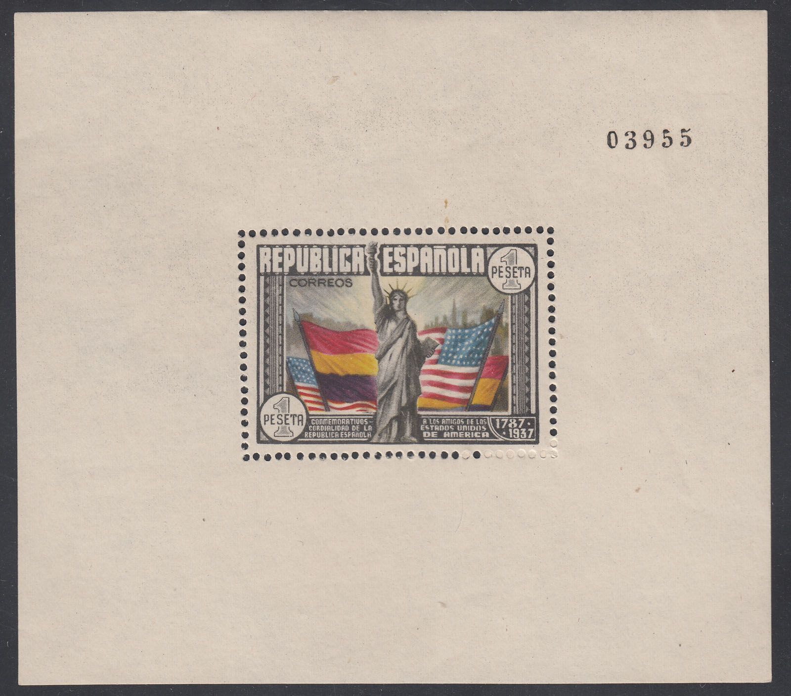 1938 SPAIN 1PTA U.S. CONSTITUTION SOUVENIR SHEET (ED.764) MNH VF