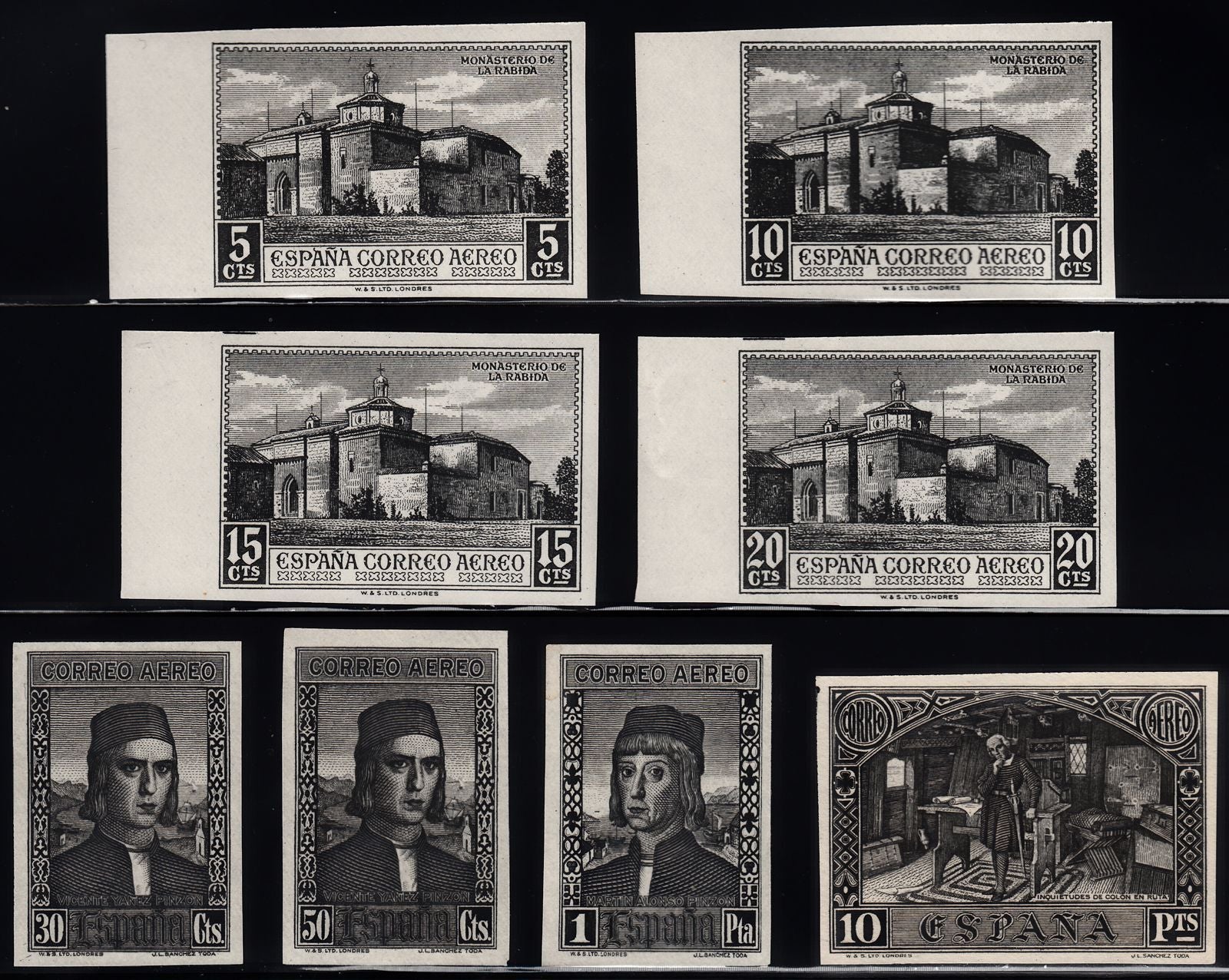 1930 SPAIN CHRISTOPHER COLUMBUS AIR POST 8 BLACK PROOFS (GALVEZ CA309/19) MNG VF