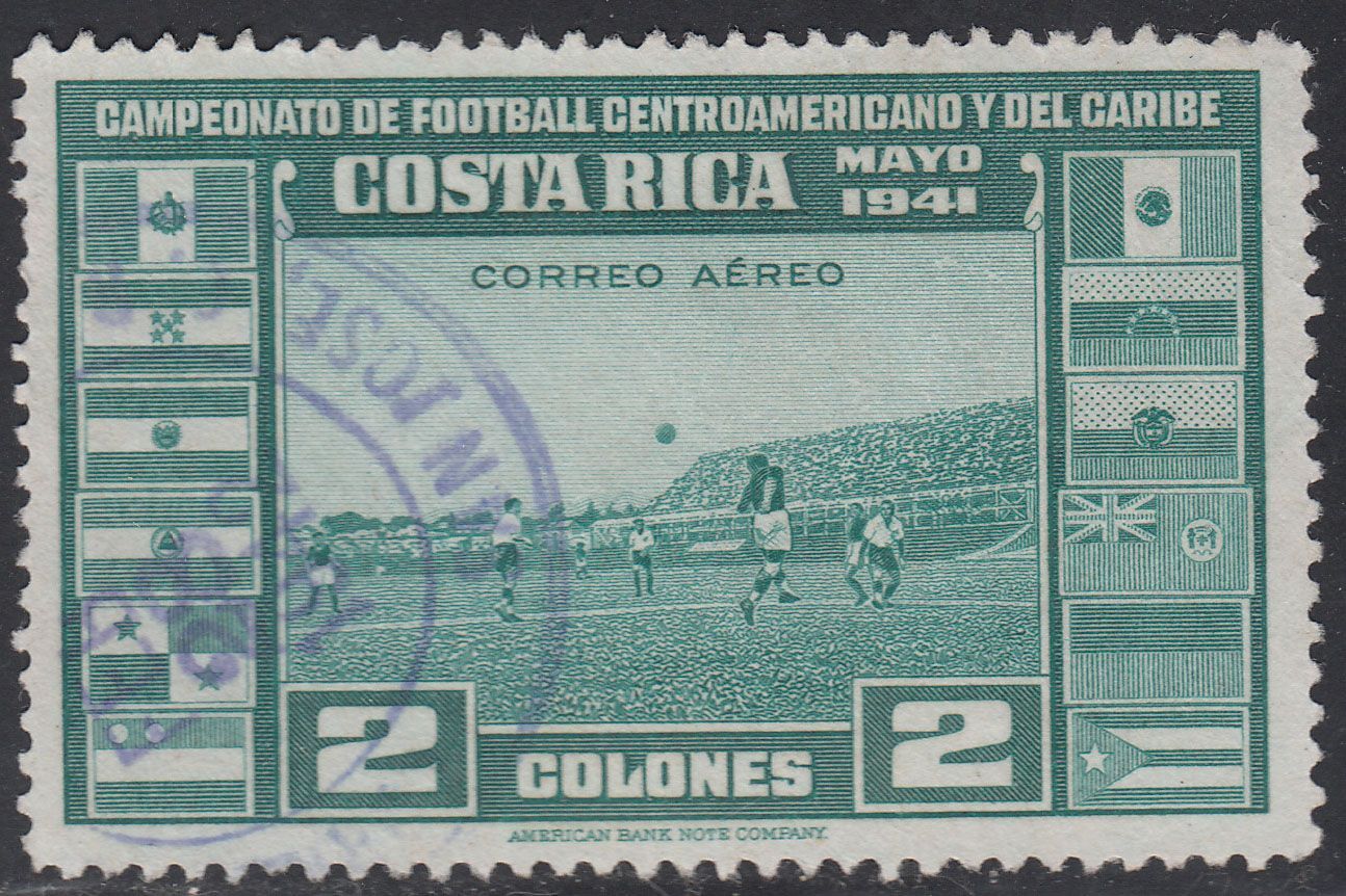 1941 COSTA RICA 2 COLONES GREEN SOCCER FOOTBALL (YVERT #A62) USED VF