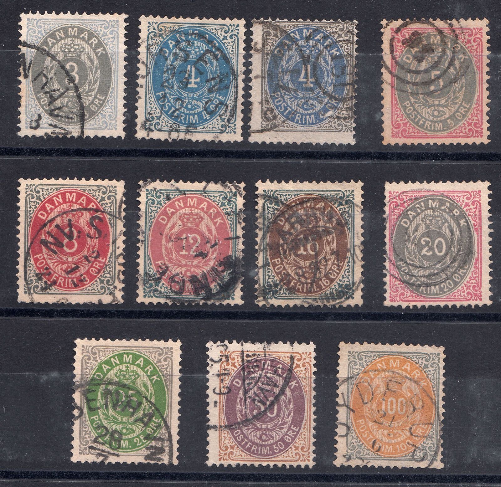 1875-79 DENMARK COMPLETE SET13½ PERF (YVERT 22-29) USED FINE
