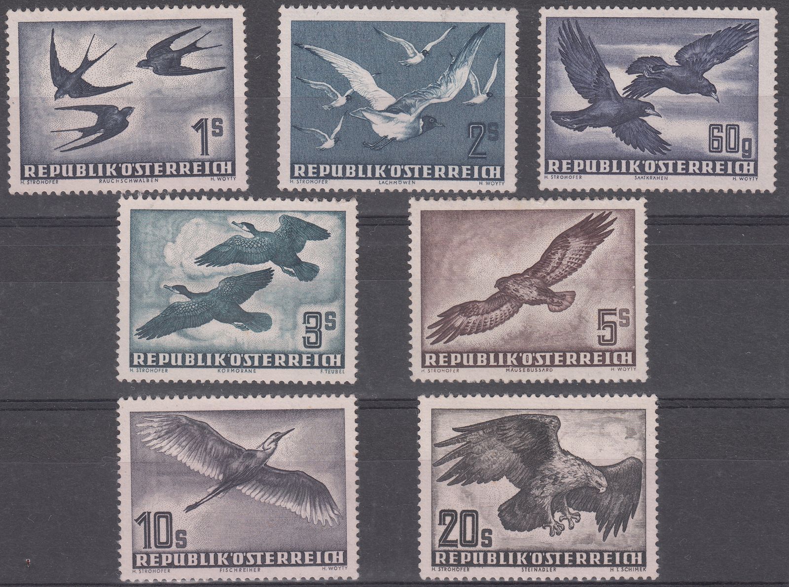 1950-53 AUSTRIA AIRMAIL BIRDS (YVERT# 54-60) MNH VF