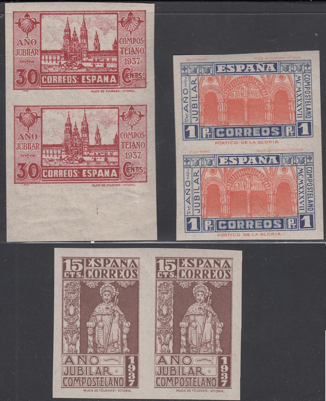 1937 SPAIN HOLY YEAR OF COMPOSTELA IMPERF PAIRS (ED.833s-835s) MNH VF