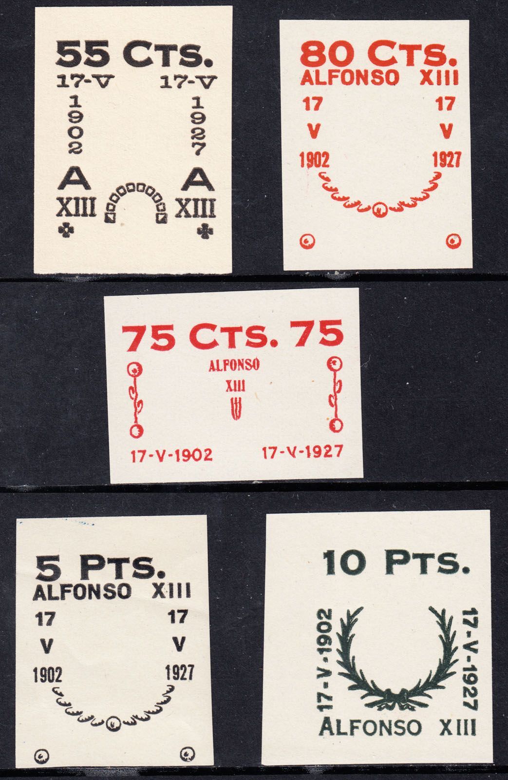 1927 SPAIN RED CROSS OVERPRINT PROOFS (GALVEZ 2221-2223 & 2225-2226) MNG VF