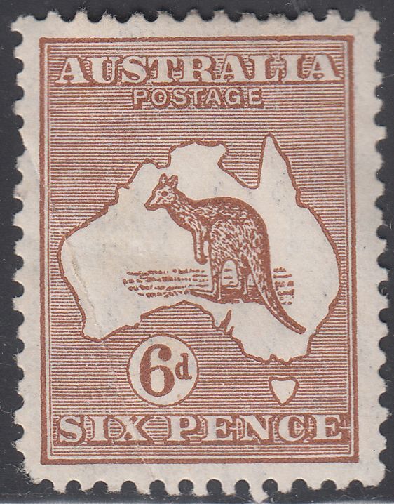 1929 AUSTRALIA KANGAROO 6d CHESTNUT / SMALL MULTIPLE WMK (SG#107) MH FINE