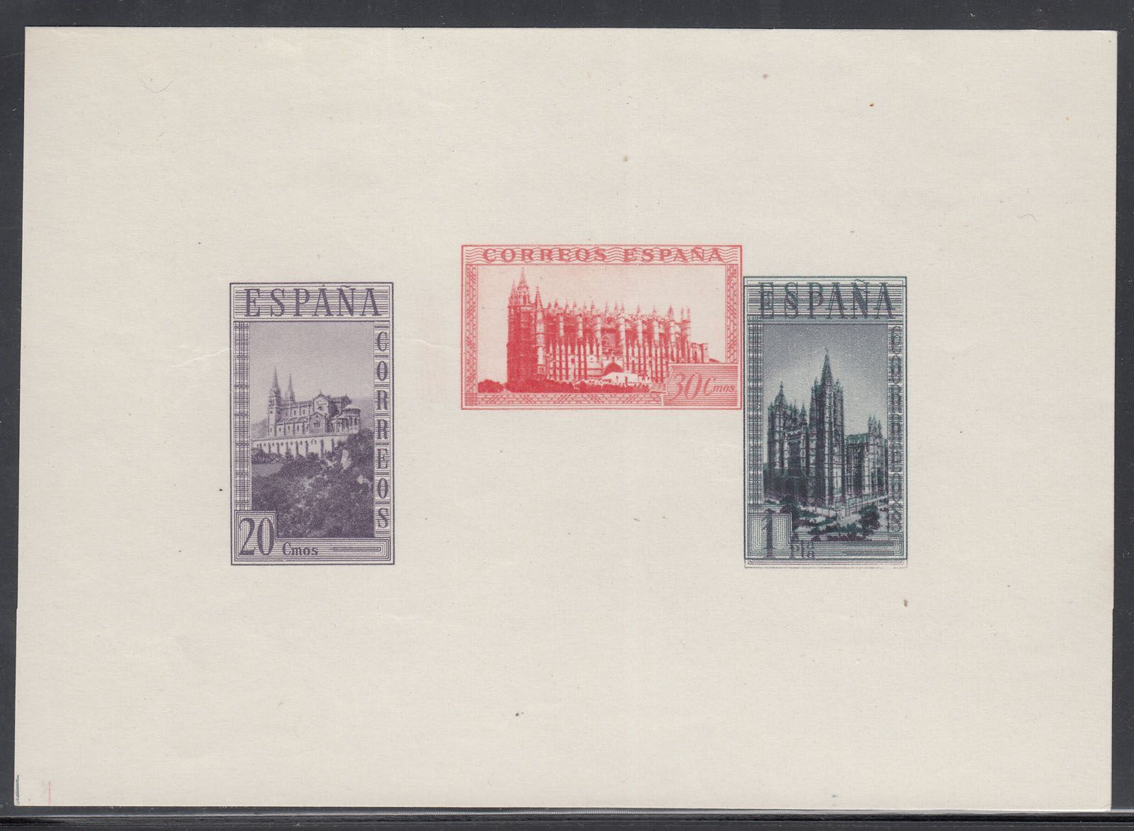 1938 SPAIN CATHEDRALS & MONUMENTS IMPERF PROOF SHEET (ED. 848P) MNG