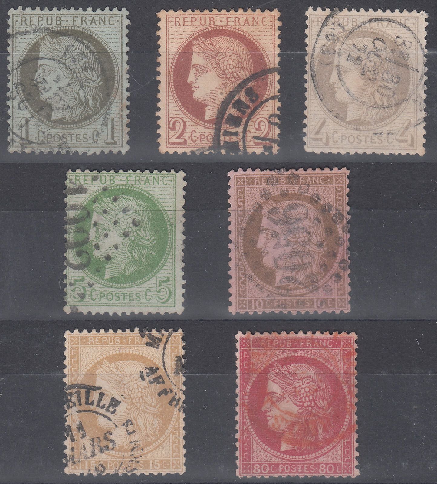 1870-75 FRANCE CERES 7 VALUES FINE USED