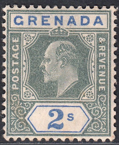 1906 GRENADA KEVII,2/-,GREEN & ULTRAMARINE (SG#74) MH VF