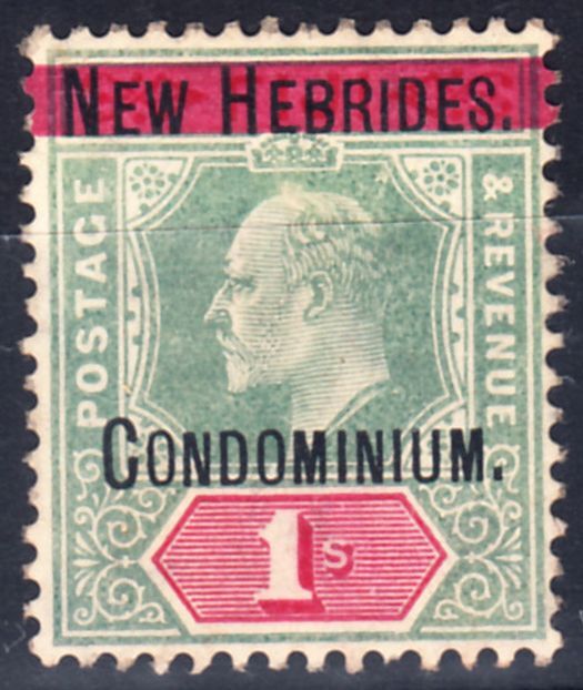 1908 BRITISH NEW HEBRIDES KEVII OVPTD 1/- GREEN & CARMINE (SG# 3) MH