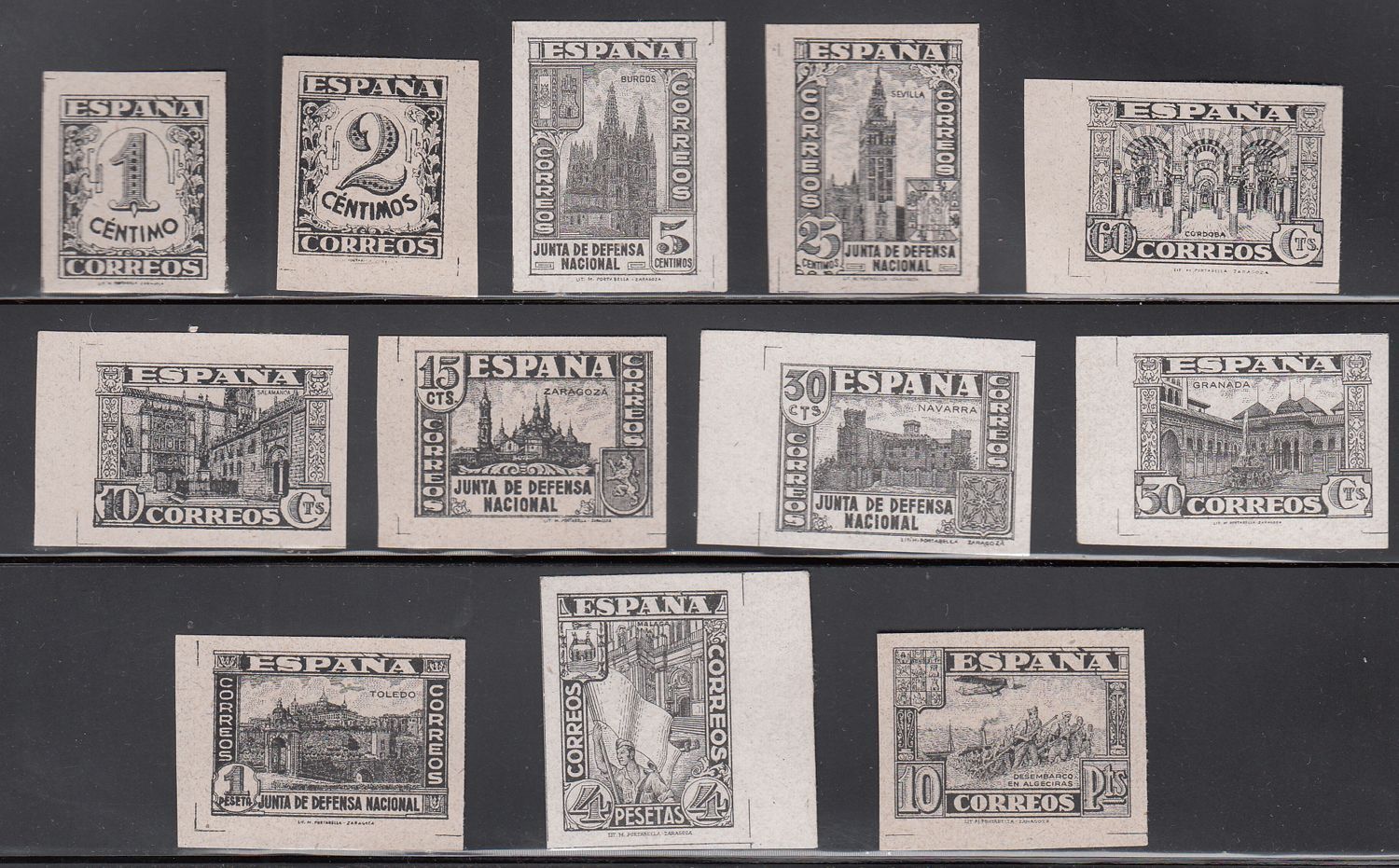 1936 SPAIN JUNTA DEFENSA BLACK PROOF ESSAYS (ED.802P-813P) MNG VF