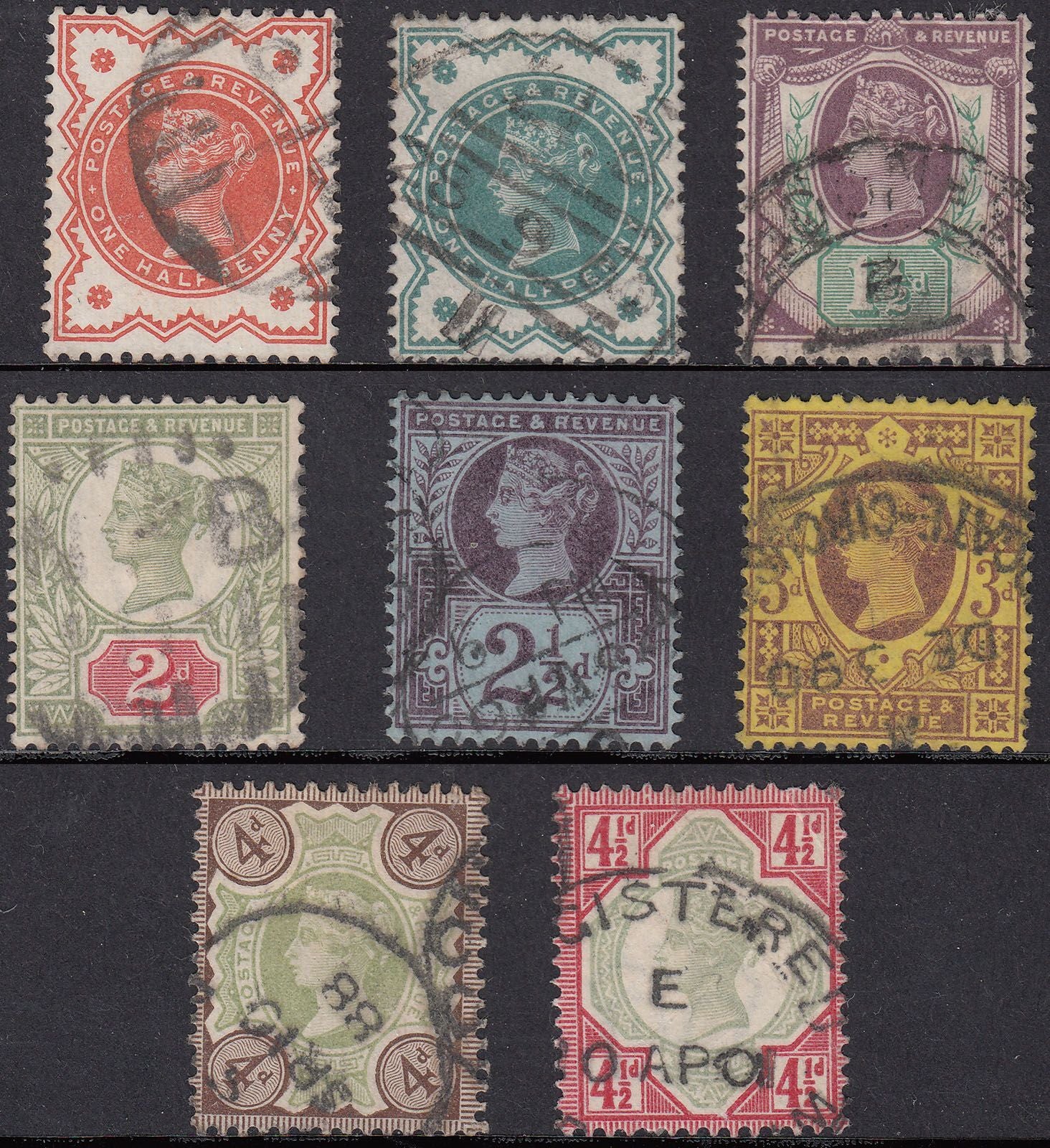 1887-92 GREAT BRITAIN QV JUBILEE ½d - 4½d 8 VALUES USED F-VF