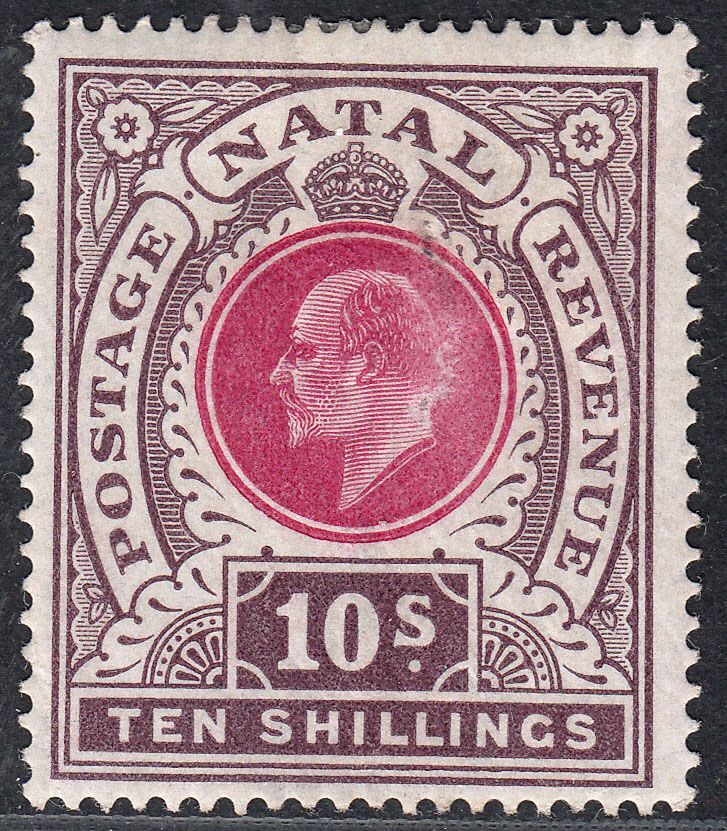 1902 NATAL KEVII 10/- DEEP ROSE & CHOCOLATE (SG#141) MH FINE