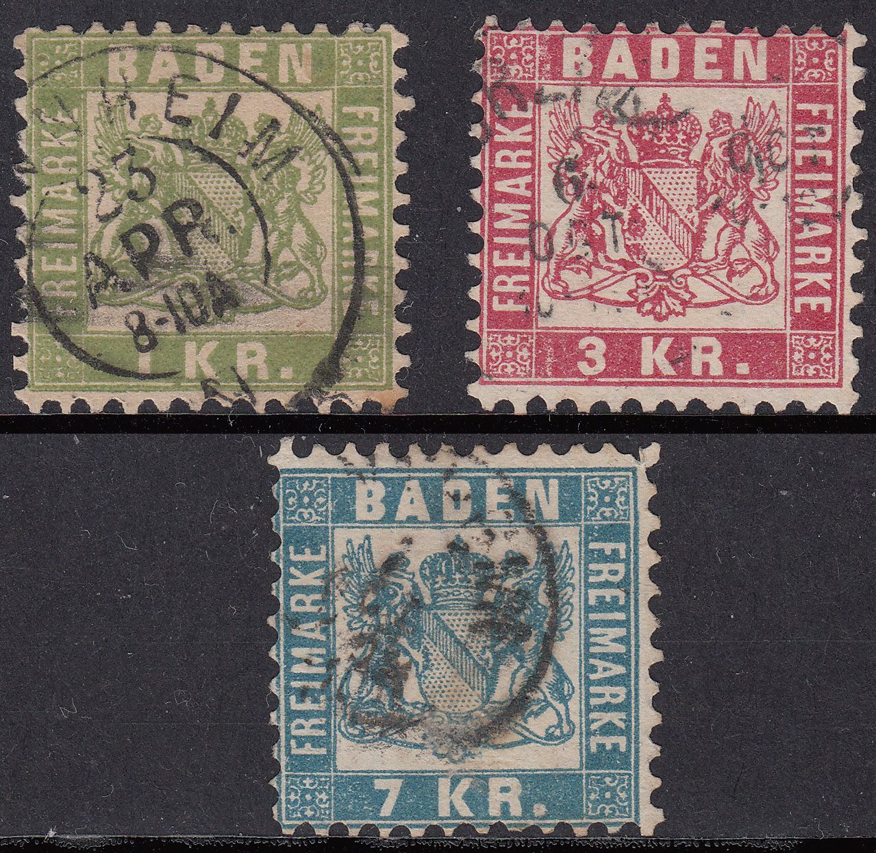 1868 GERMANY BADEN COAT OF ARMS (YVERT# 23-25) USED VF