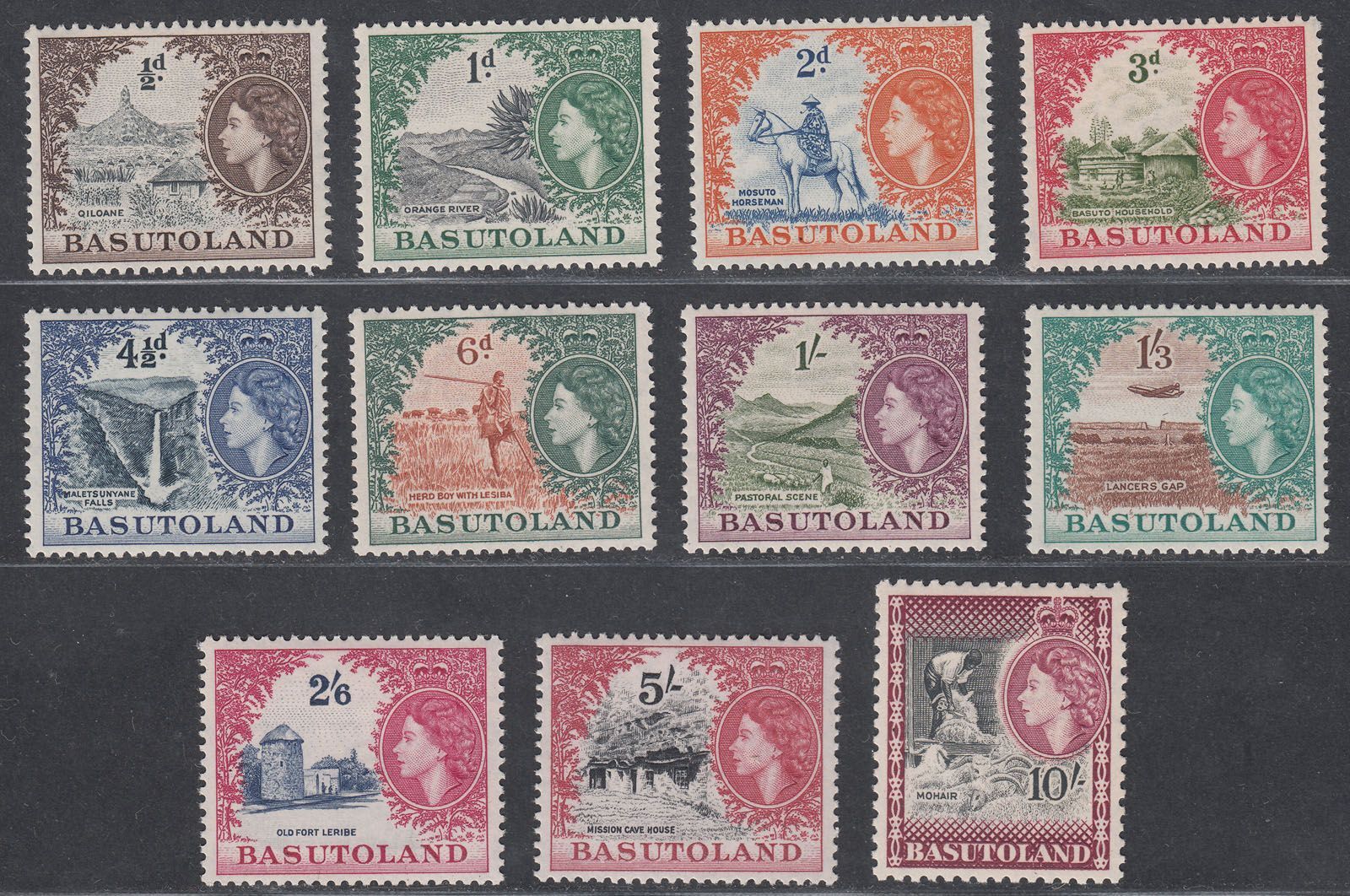 1954-58 BASUTOLAND QEII DEFINITIVES COMPLETE (SG# 43-53) MH VF