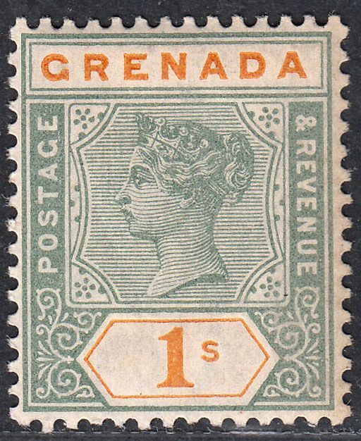 1895-99 GRENADA QV 1/- GREEN & ORANGE (SG#55) MH VF