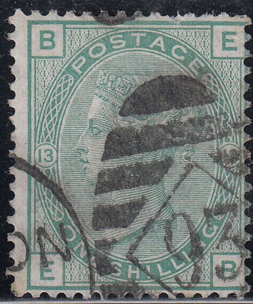 1876 GREAT BRITAIN QV 1/- GREEN PLATE 13 (SG # 150) USED VF