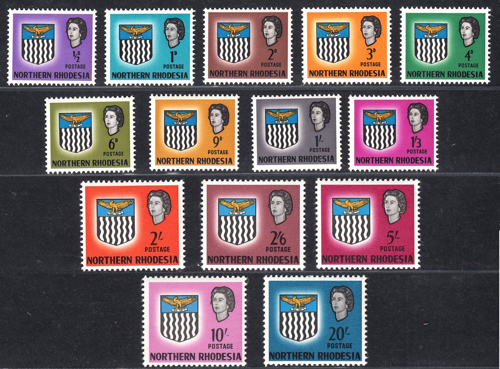 1963 NORTHERN RHODESIA QEII COMPLETE ARMS SET (SG#75-88) MNH VF