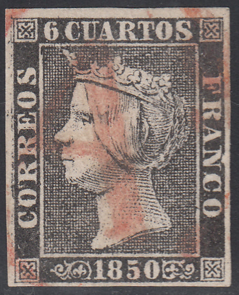 1850 SPAIN ISABEL II (ED.1) RED ¨As¨ CANCEL REUS