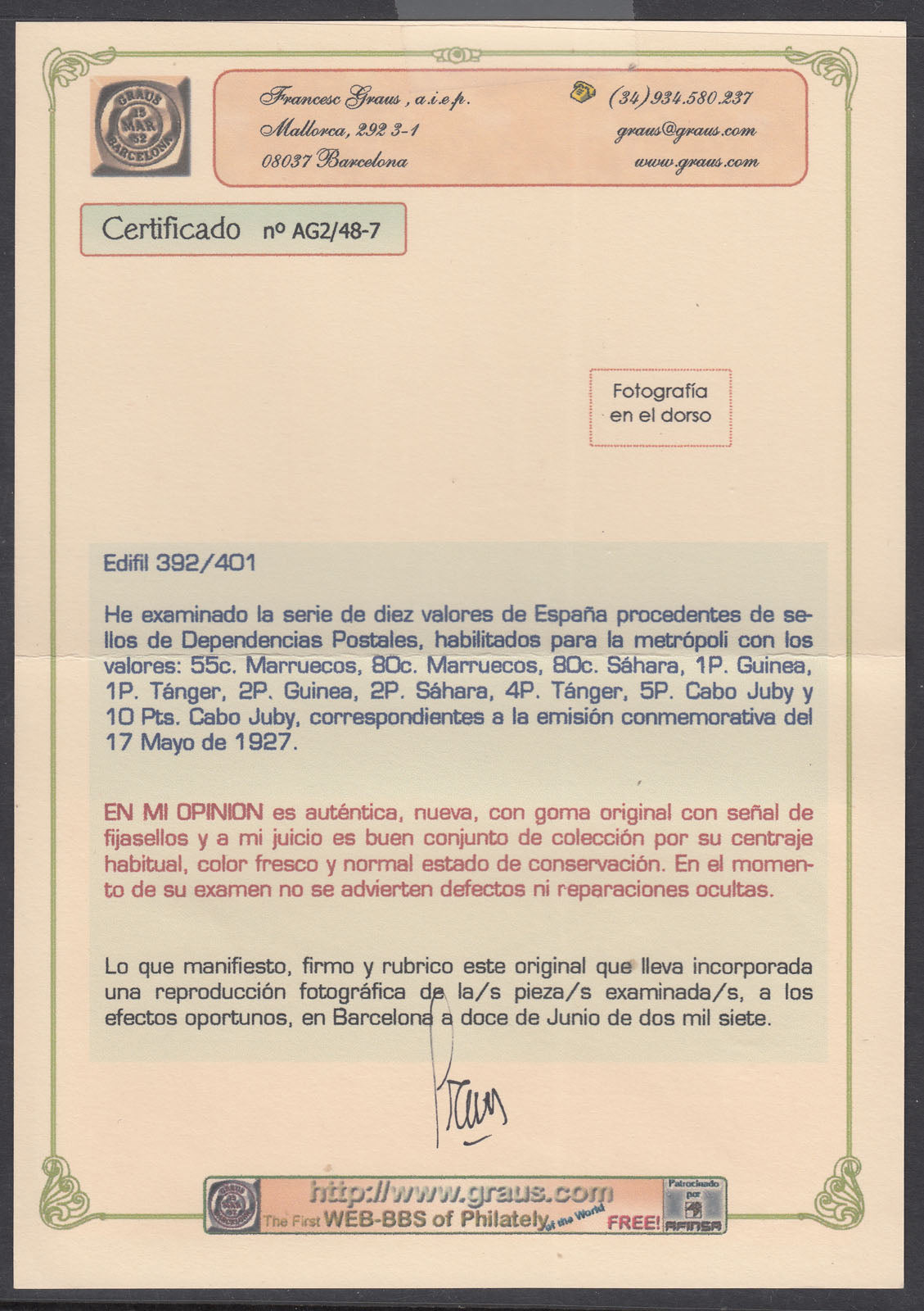 1927 SPAIN ALFONSO XIII SURCHARGED (ED.392-401) MH VF WITH CERTIFICATE